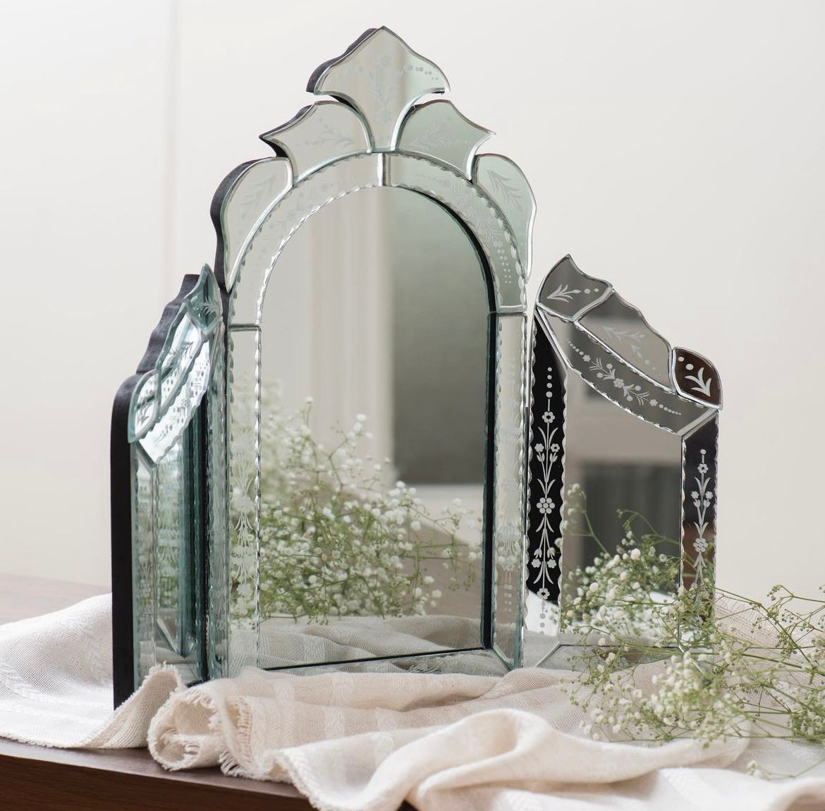 Trifold Glass Accents Vanity Mirror
