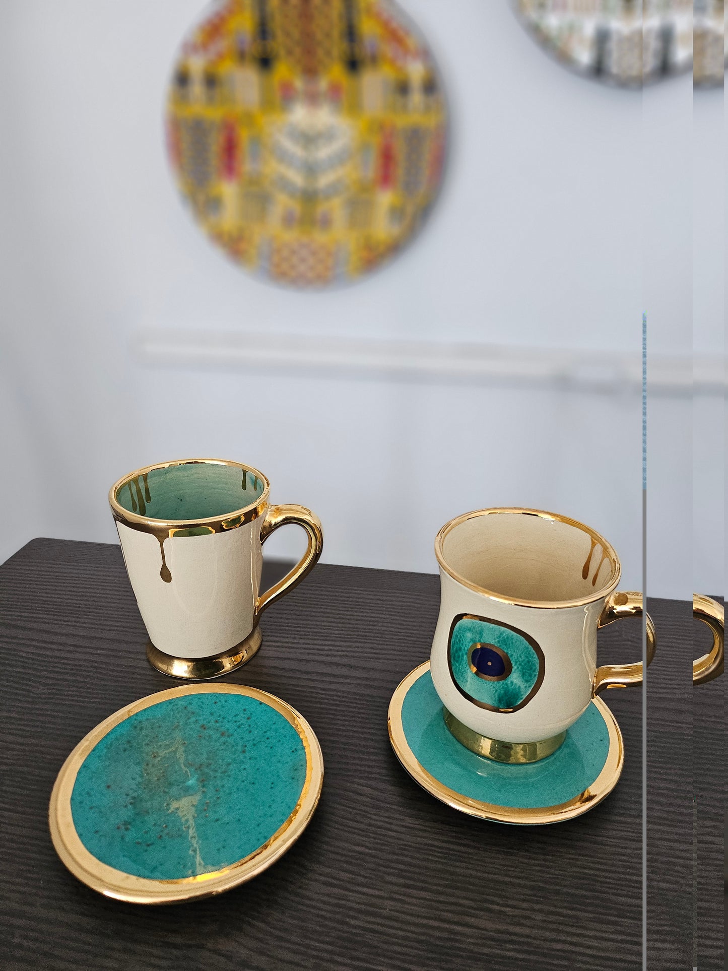 Handmade Ceramic Gold Edged Platted Evil Eye Coaster / Platter / Saucer