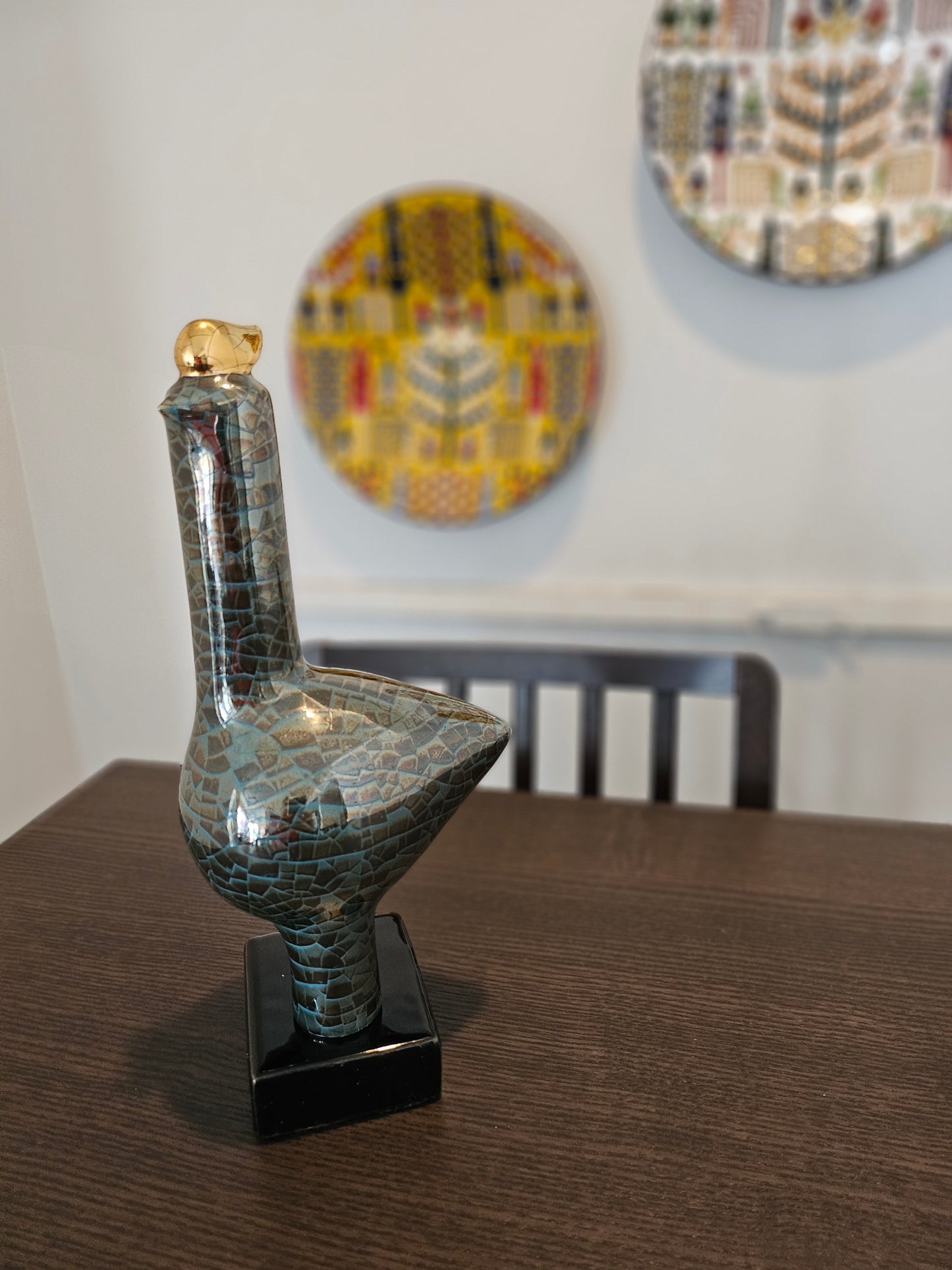 Legendary Cracked Lustered Ceramic Long neck Bird Sculpture with Golden Crown