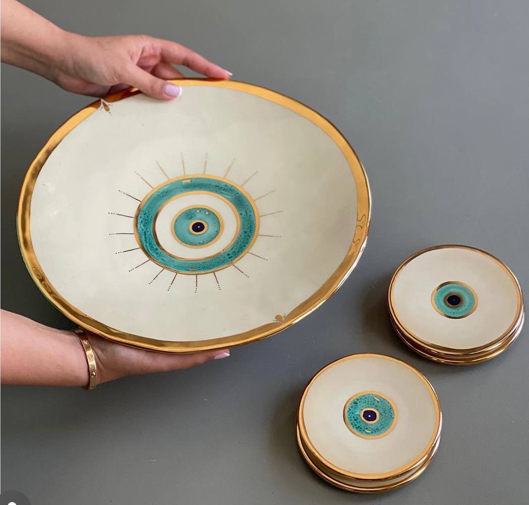 Handmade Ceramic Gold Edged Platted Evil Eye Coaster / Platter / Saucer