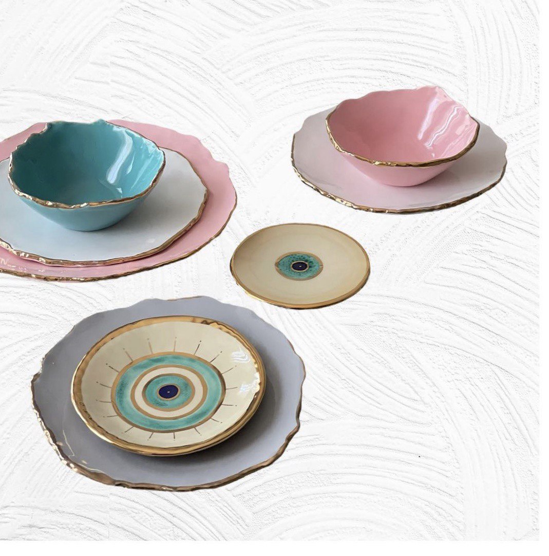 Handmade Ceramic Gold Edged Platted Evil Eye Coaster / Platter / Saucer