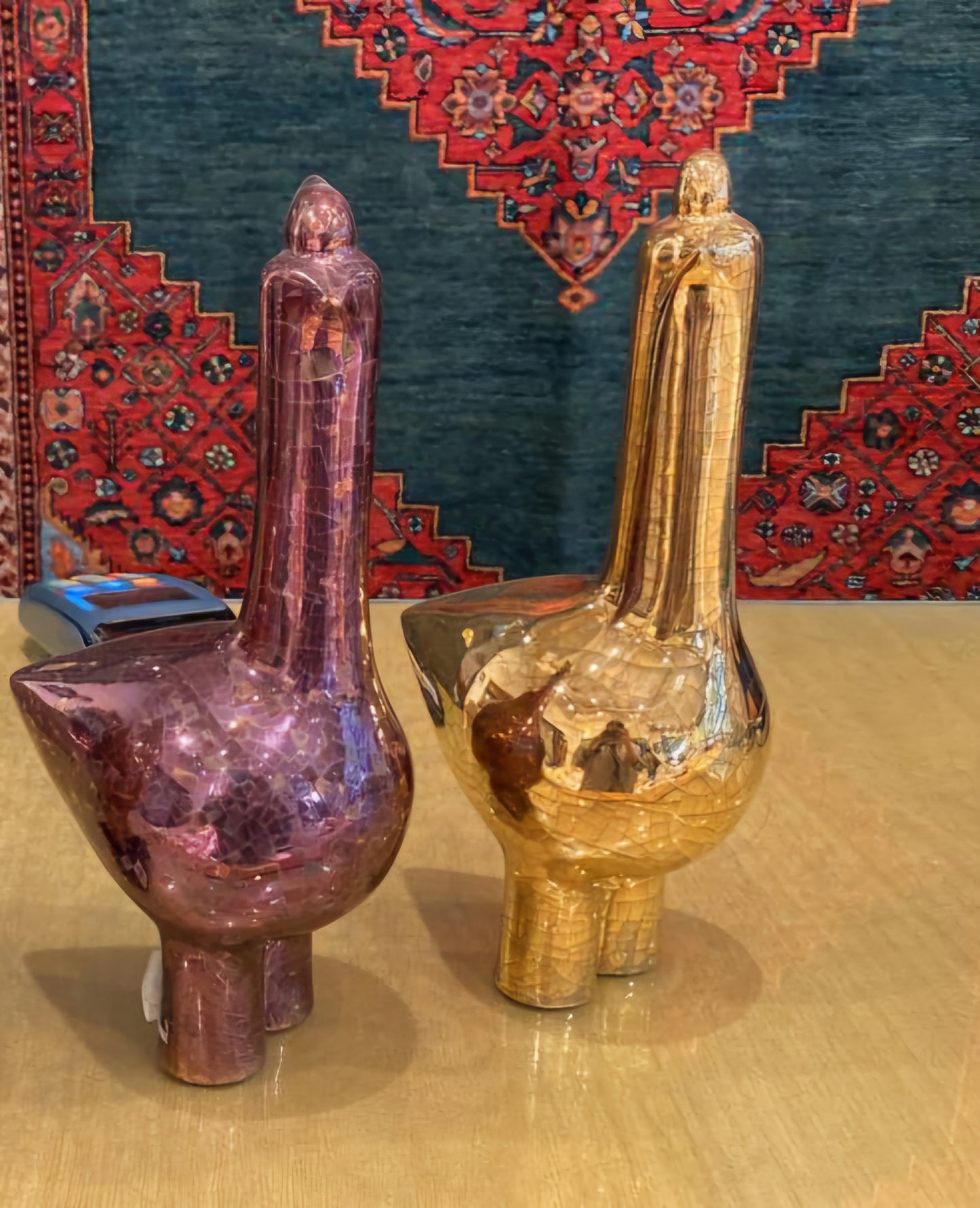 Legendary Cracked Lustered Ceramic Long neck Bird Sculpture with Golden Crown