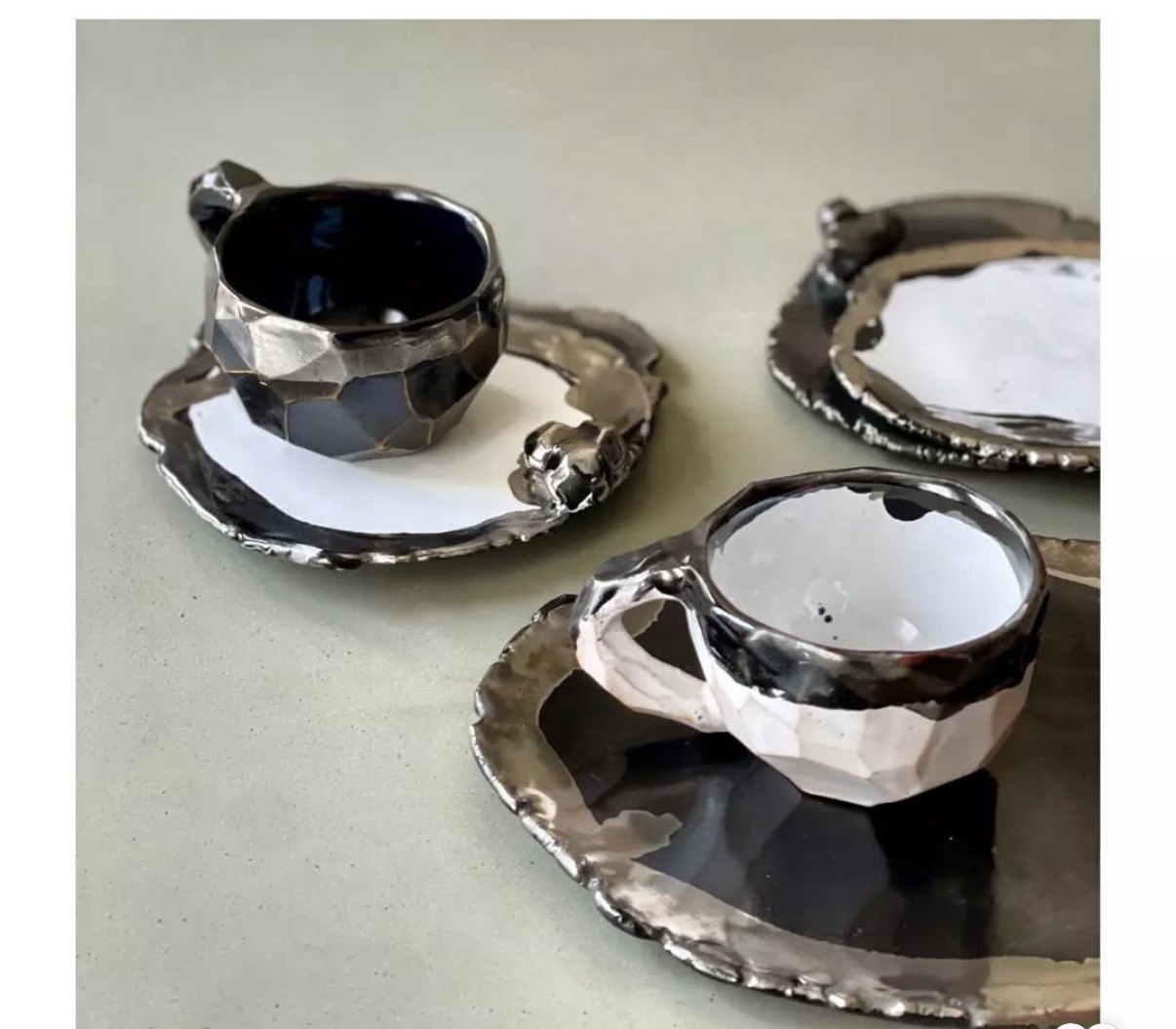 Handmade Ceramic Polygon Platinum Glazed Tea & Coffee Cup / Espresso Cup and Saucer