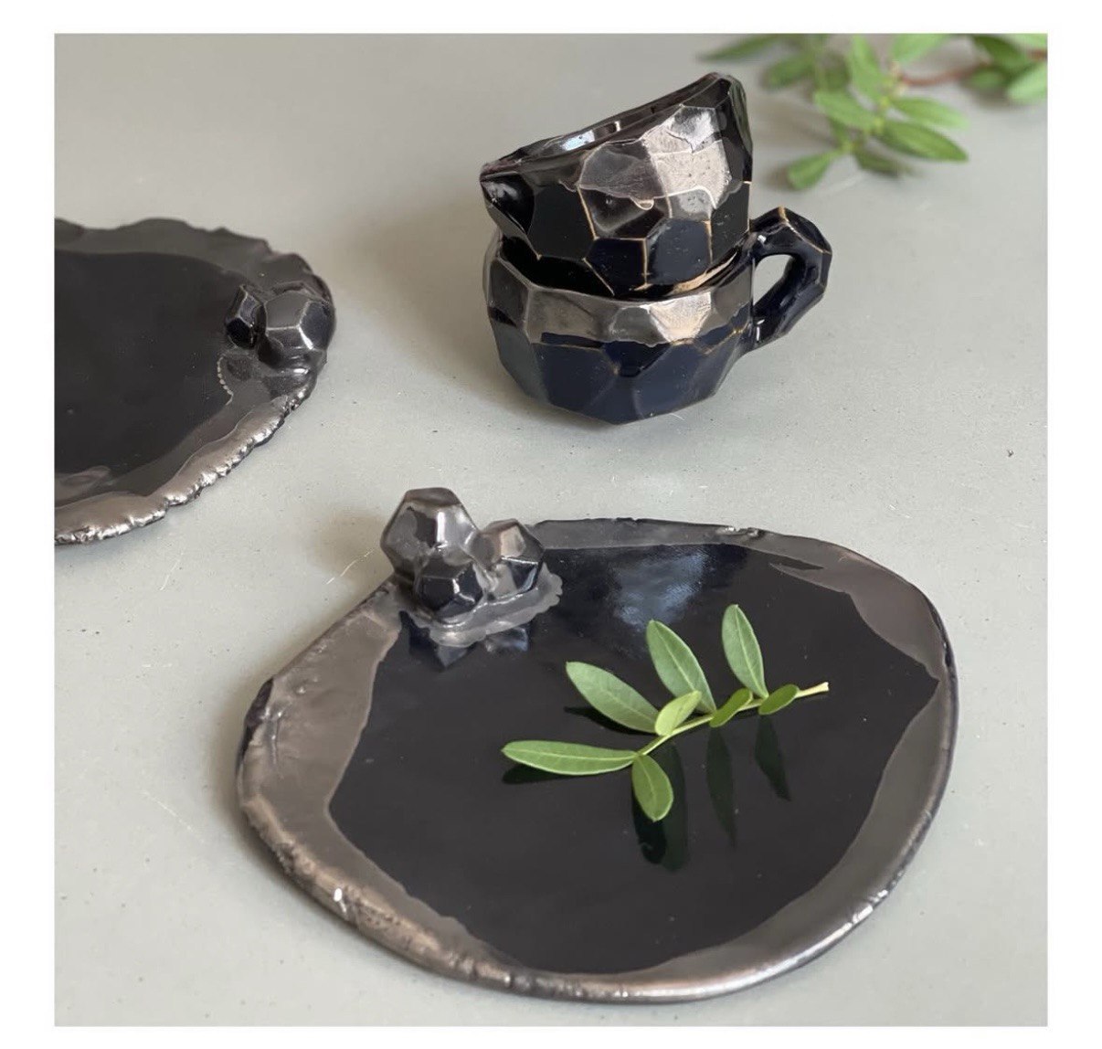 Handmade Ceramic Polygon Platinum Glazed Tea & Coffee Cup / Espresso Cup and Saucer