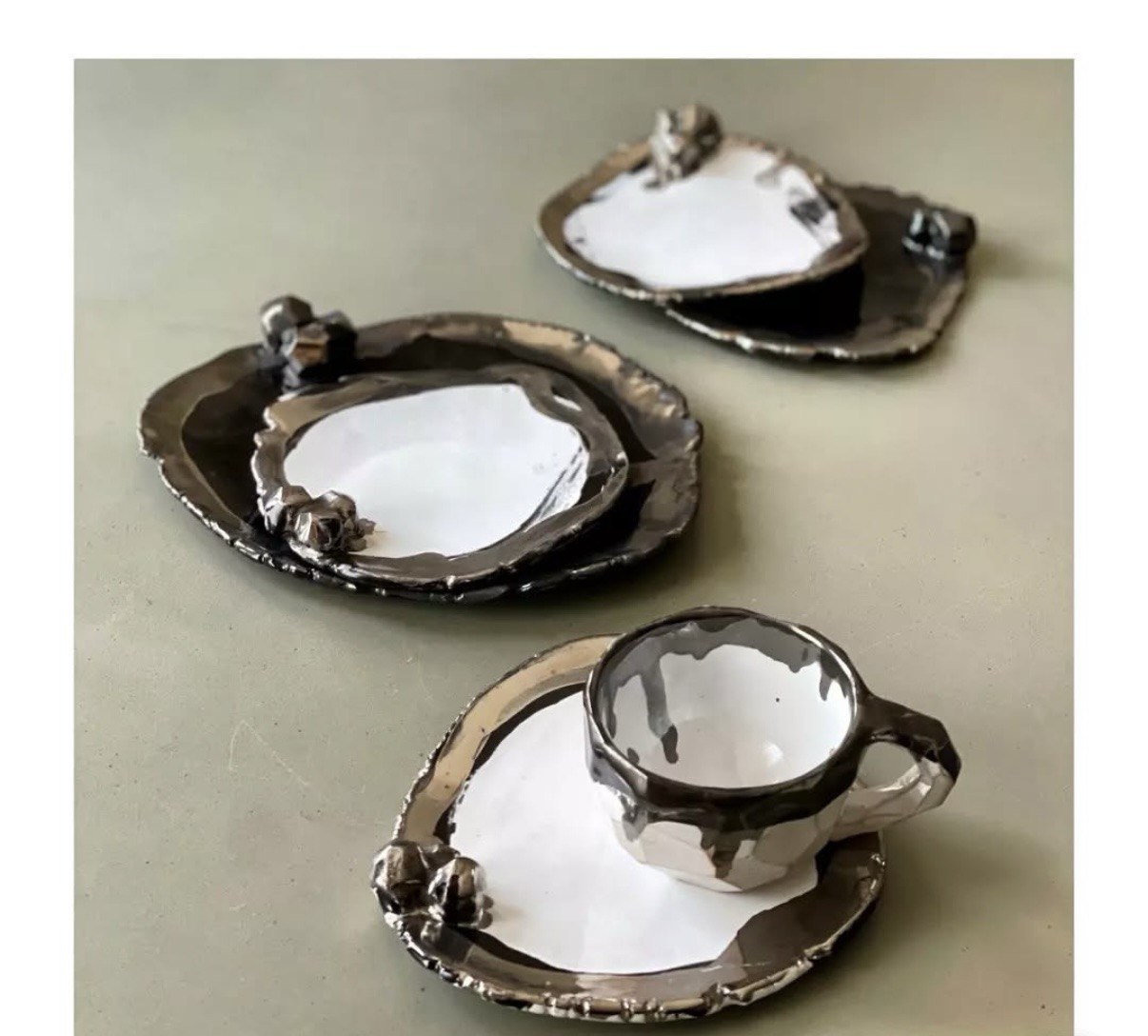 Handmade Ceramic Polygon Platinum Glazed Tea & Coffee Cup / Espresso Cup and Saucer