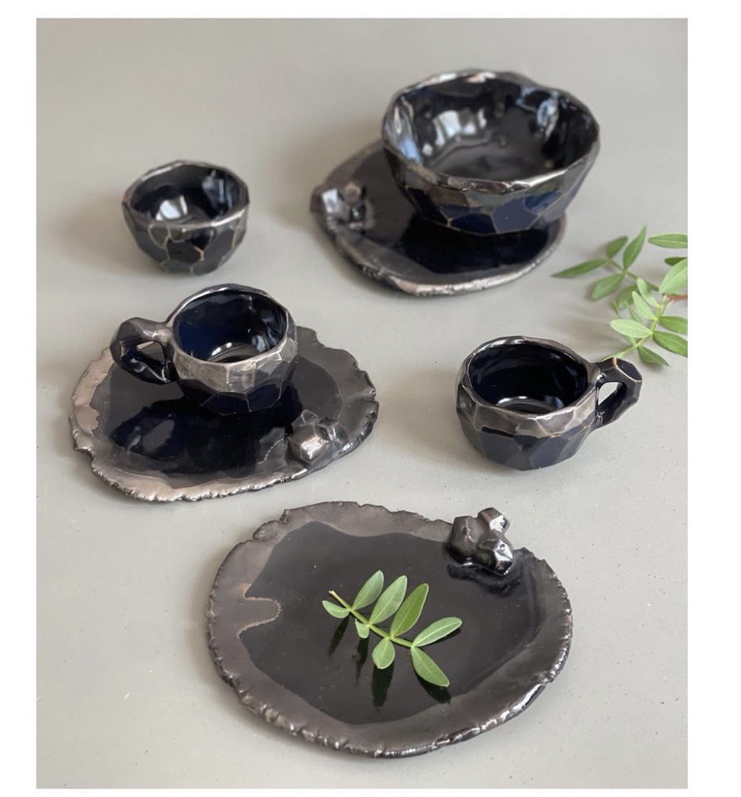 Handmade Ceramic Polygon Platinum Glazed Tea & Coffee Cup / Espresso Cup and Saucer