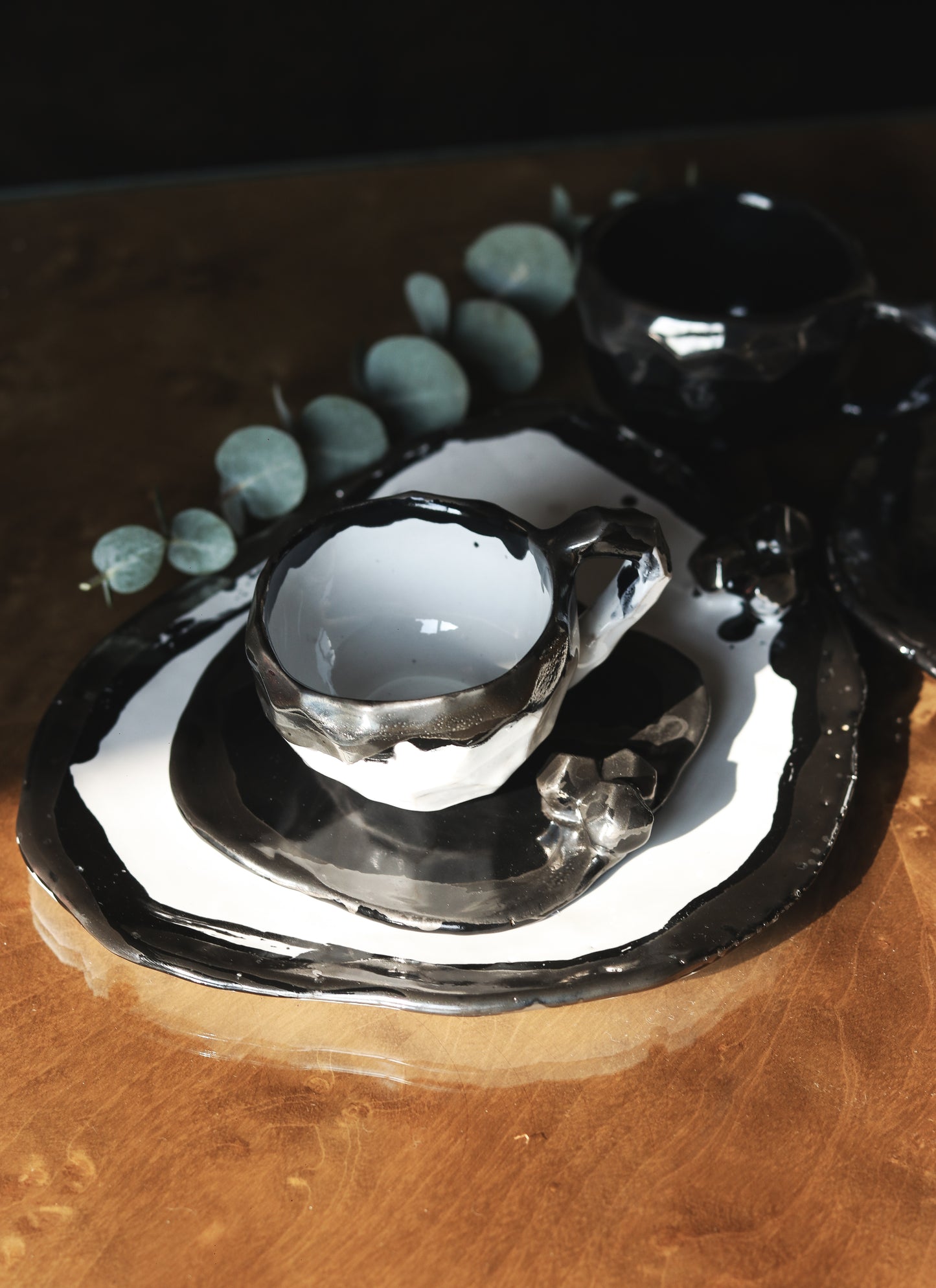 Handmade Ceramic Polygon Platinum Glazed Tea & Coffee Cup / Espresso Cup and Saucer