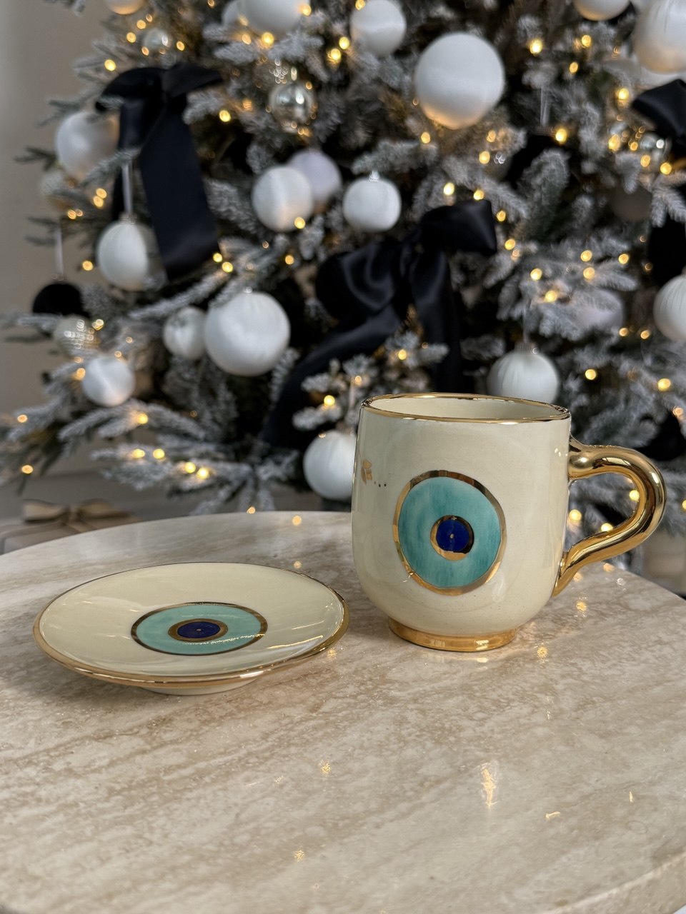 Evil Eye Ceramic Mug / Teacup - With a gold plated edge & handle + evil eye Coaster