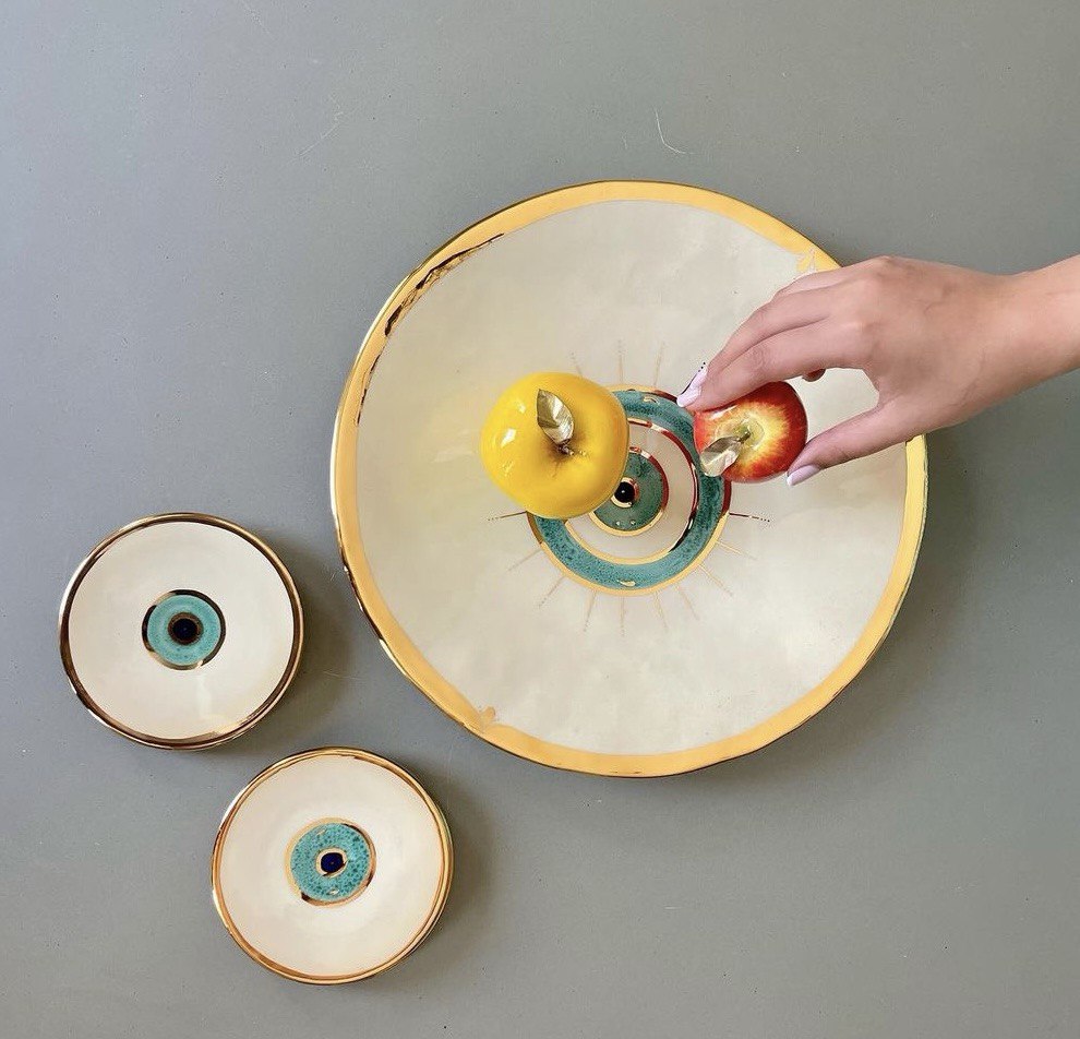 Evil Eye Ceramic Mug / Teacup - With a gold plated edge & handle + evil eye Coaster