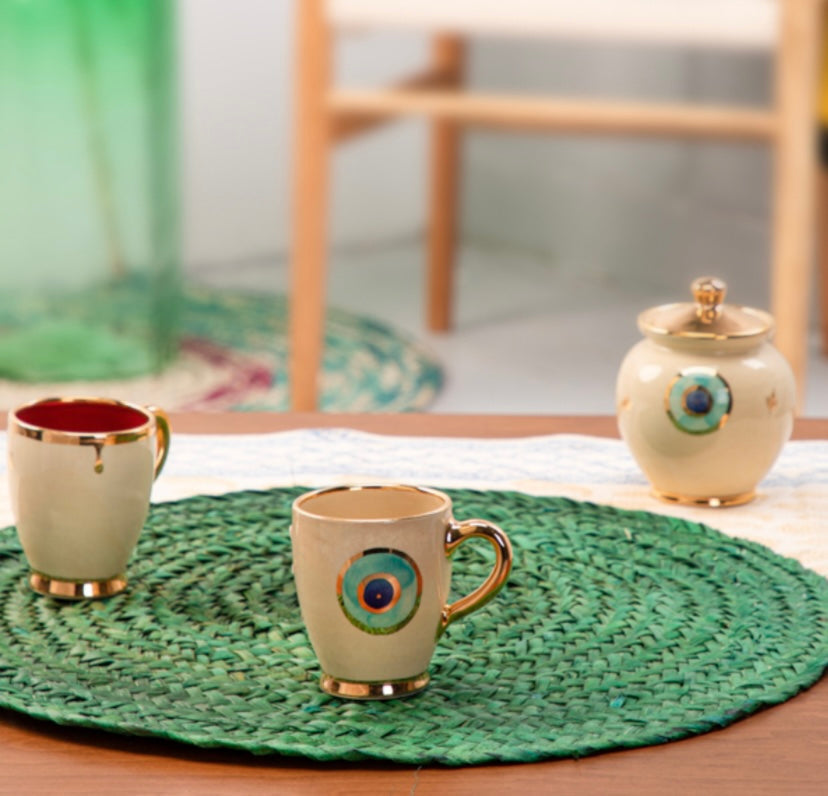 Evil Eye Ceramic Mug / Teacup - With a gold plated edge & handle + evil eye Coaster
