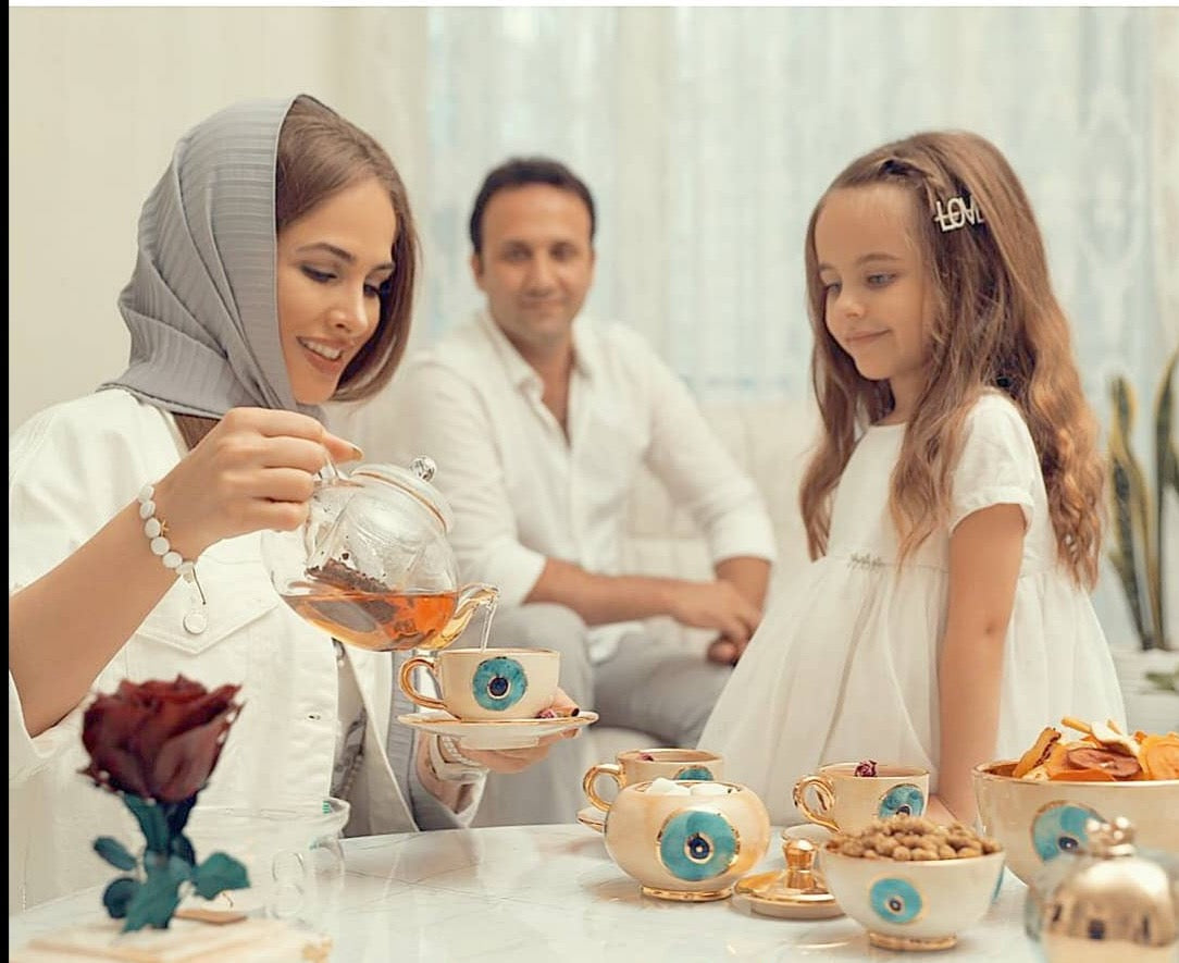 Evil Eye Ceramic cup and saucer Set- With Gold Plated Gold Handle