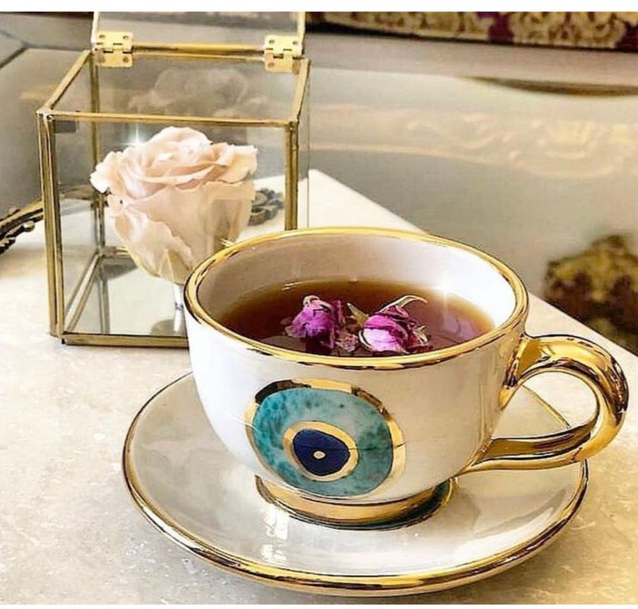Evil Eye Ceramic cup and saucer Set- With Gold Plated Gold Handle