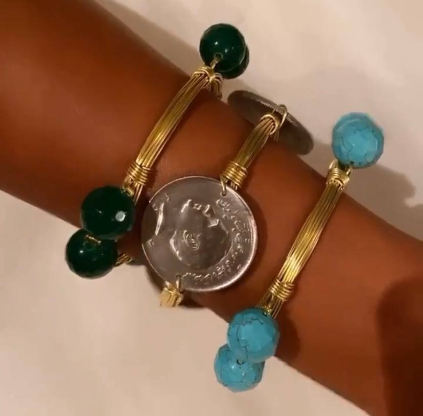 Handmade Green Stone Wire Wrapped Bangle Bracelet