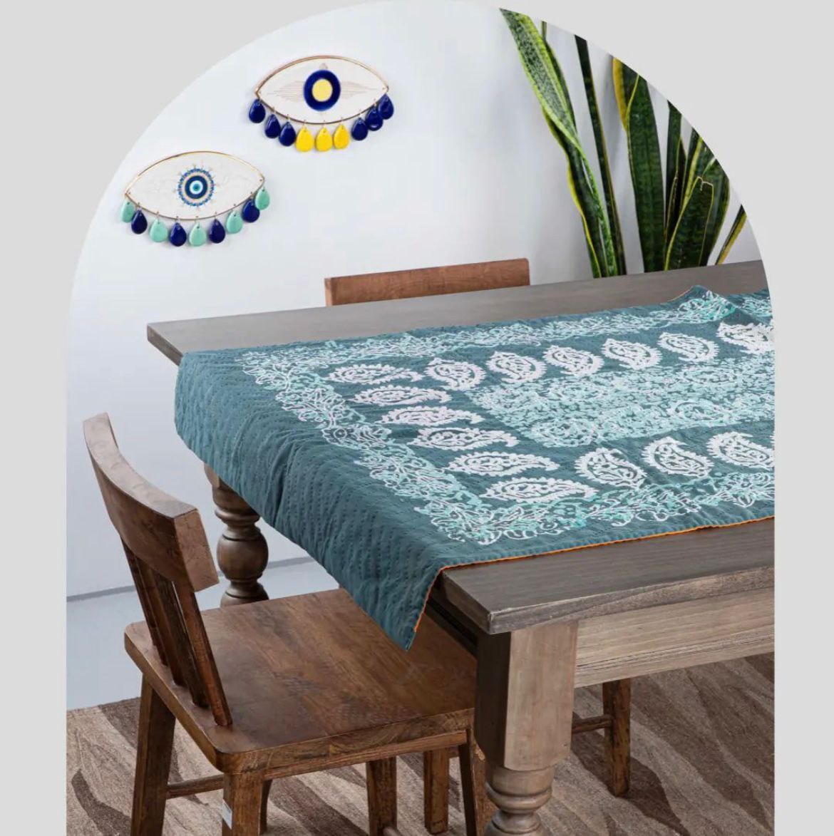 Yellow Handmade cotton embroidered fabric tablecloth -  design 32