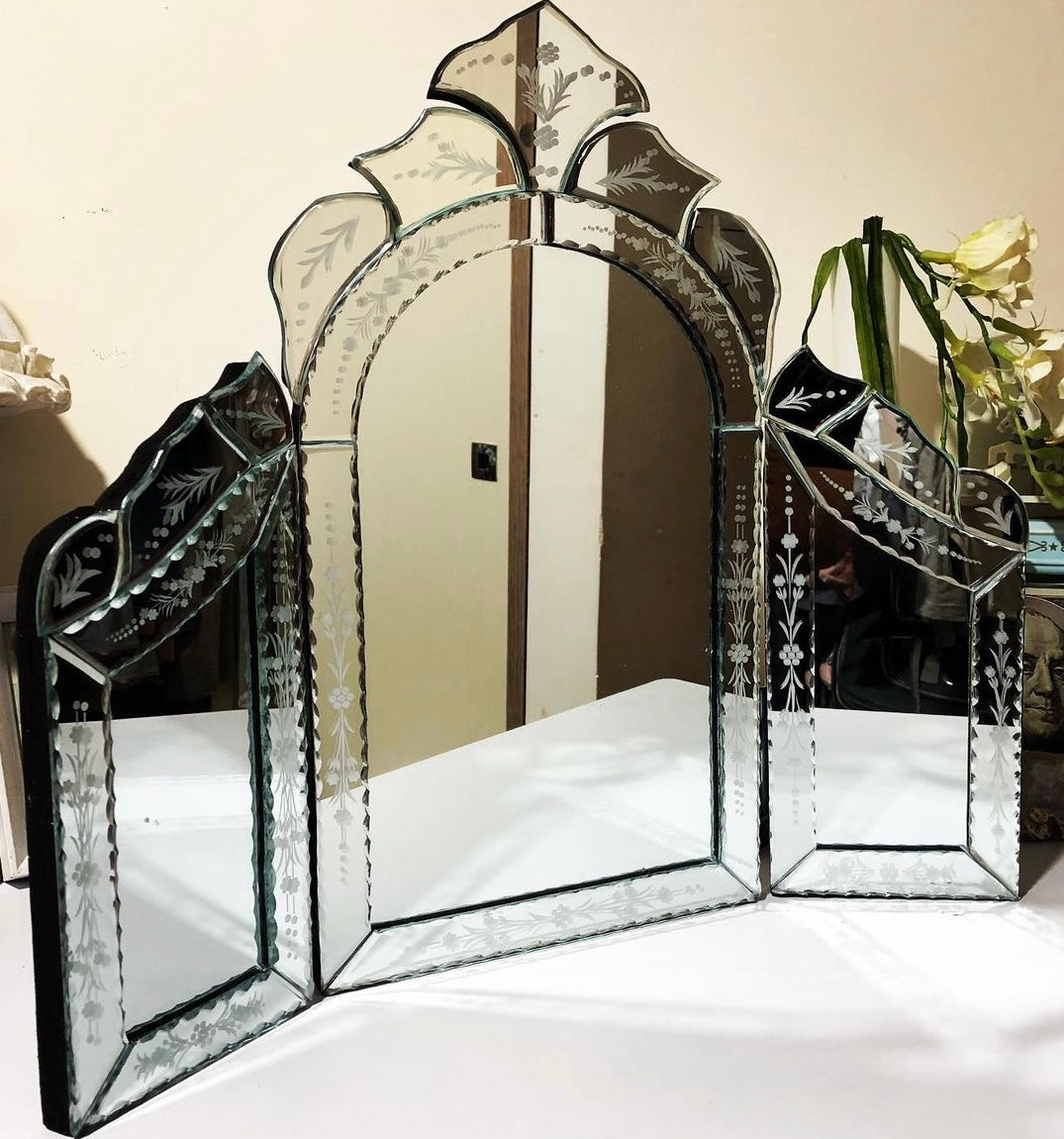 Trifold Glass Accents Vanity Mirror