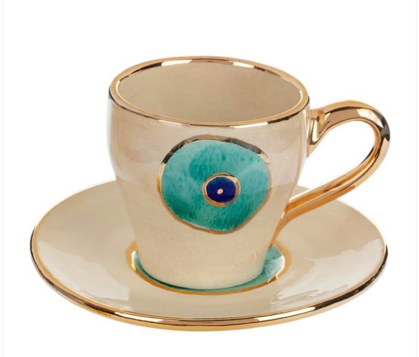 Evil Eye Ceramic cup and saucer Set- With Gold Plated Gold Handle