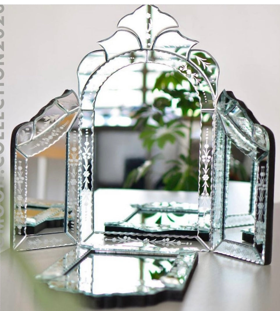 Trifold Glass Accents Vanity Mirror