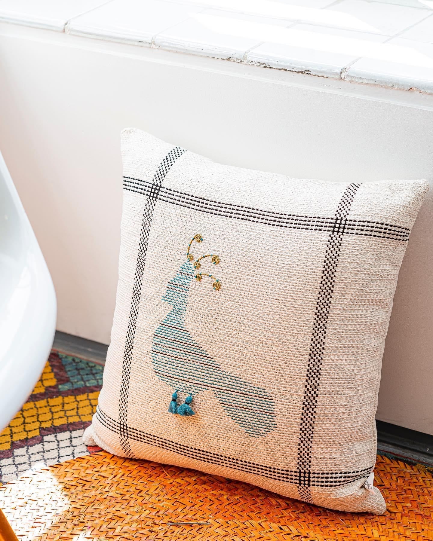 Hand-knit kilim peacock design cushion cover