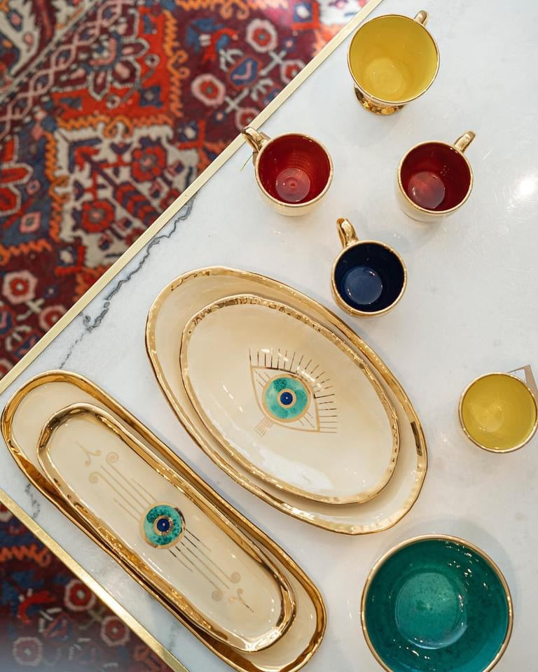 Ceramic Oval Gold Evil Eye dish Gold Plated, Serving board, Dessert platter
