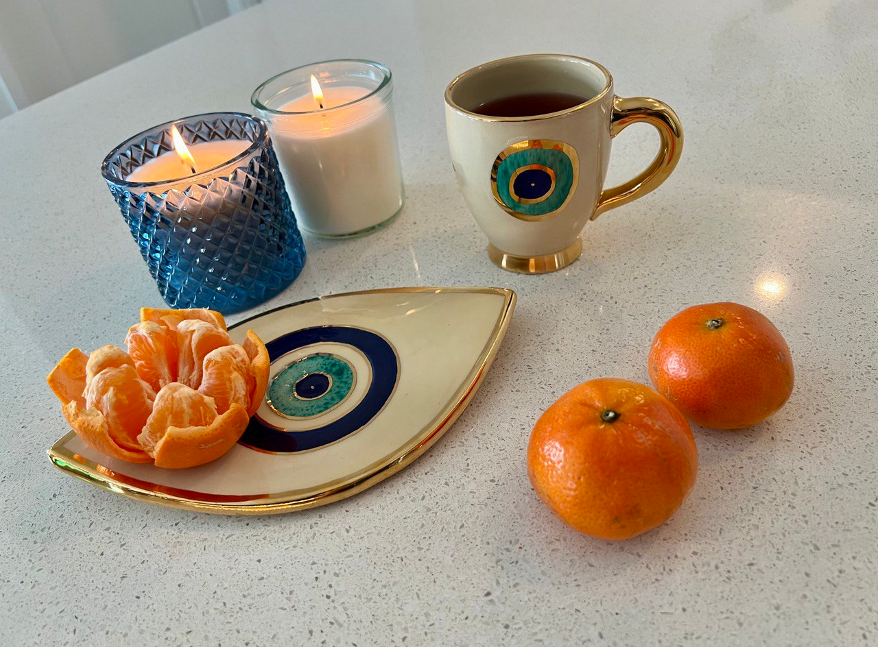 Evil Eye Ceramic Mug / Teacup - With a gold plated edge & handle + evil eye Coaster