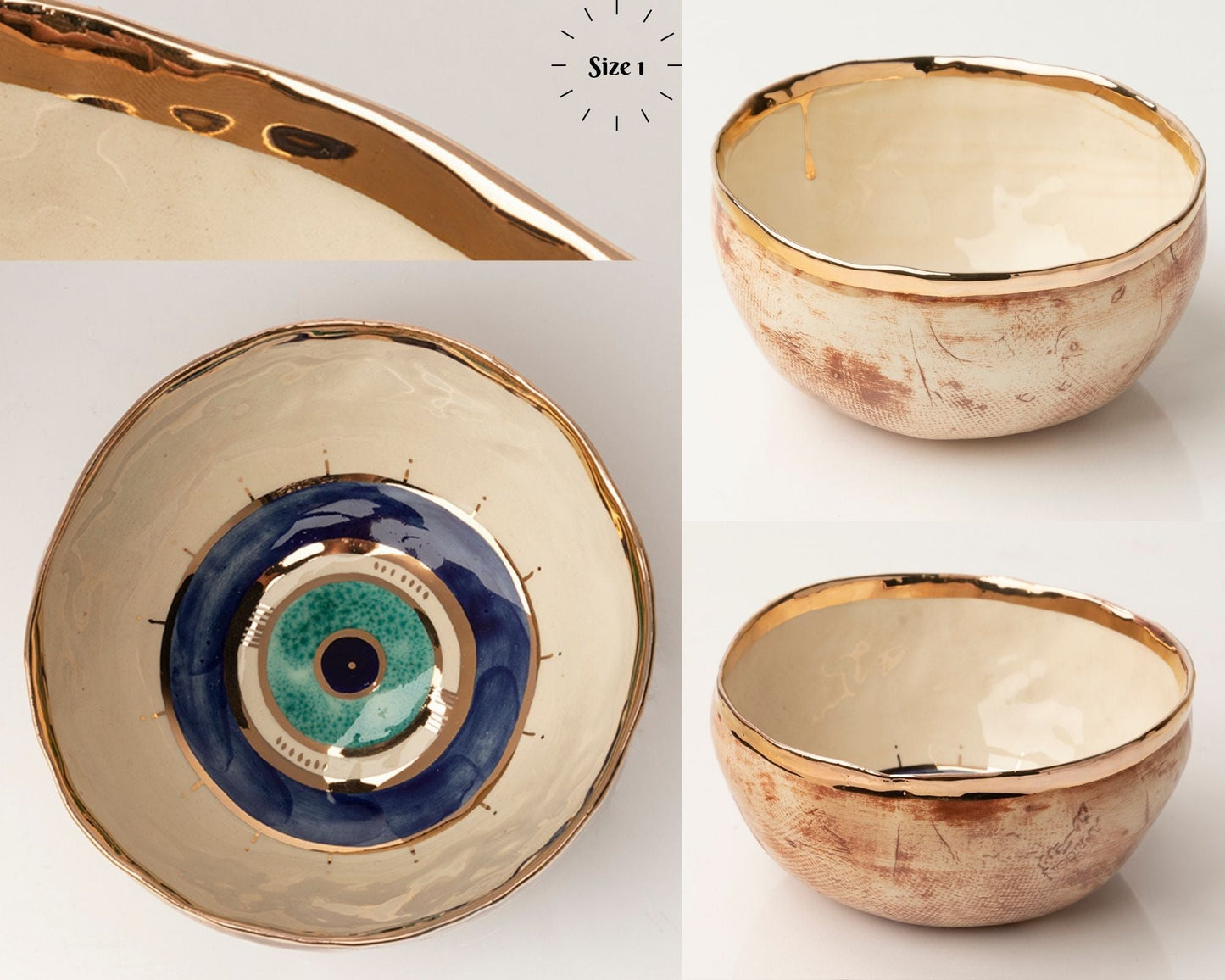Ceramic  Evil Eye Gold Plated Bowl Mix Blue
