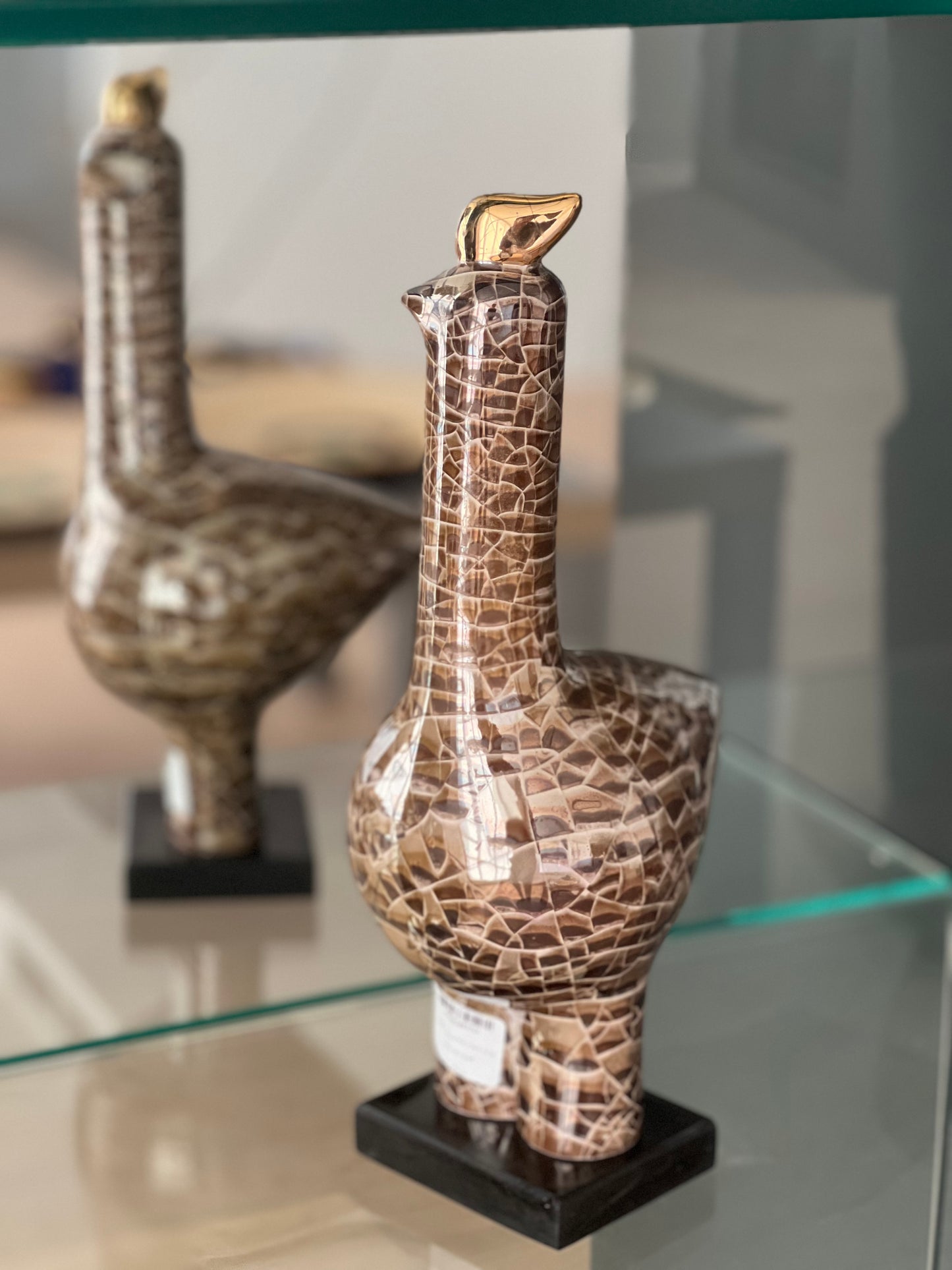 Legendary Cracked Lustered Ceramic Long neck Bird Sculpture with Golden Crown