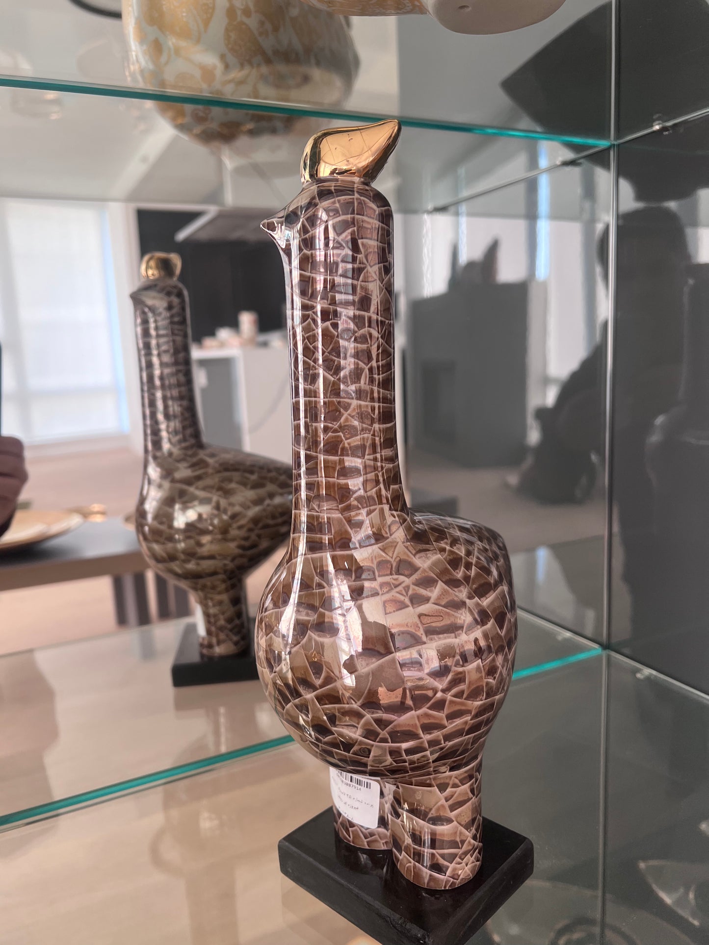 Legendary Cracked Lustered Ceramic Long neck Bird Sculpture with Golden Crown