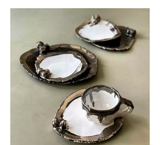 Handmade Ceramic Polygon Platinum Glazed Tea & Coffee Cup / Espresso Cup and Saucer