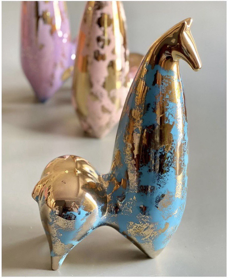 Modern Ceramic Arish Horse Figurine, Golden Luster & Turquoise
