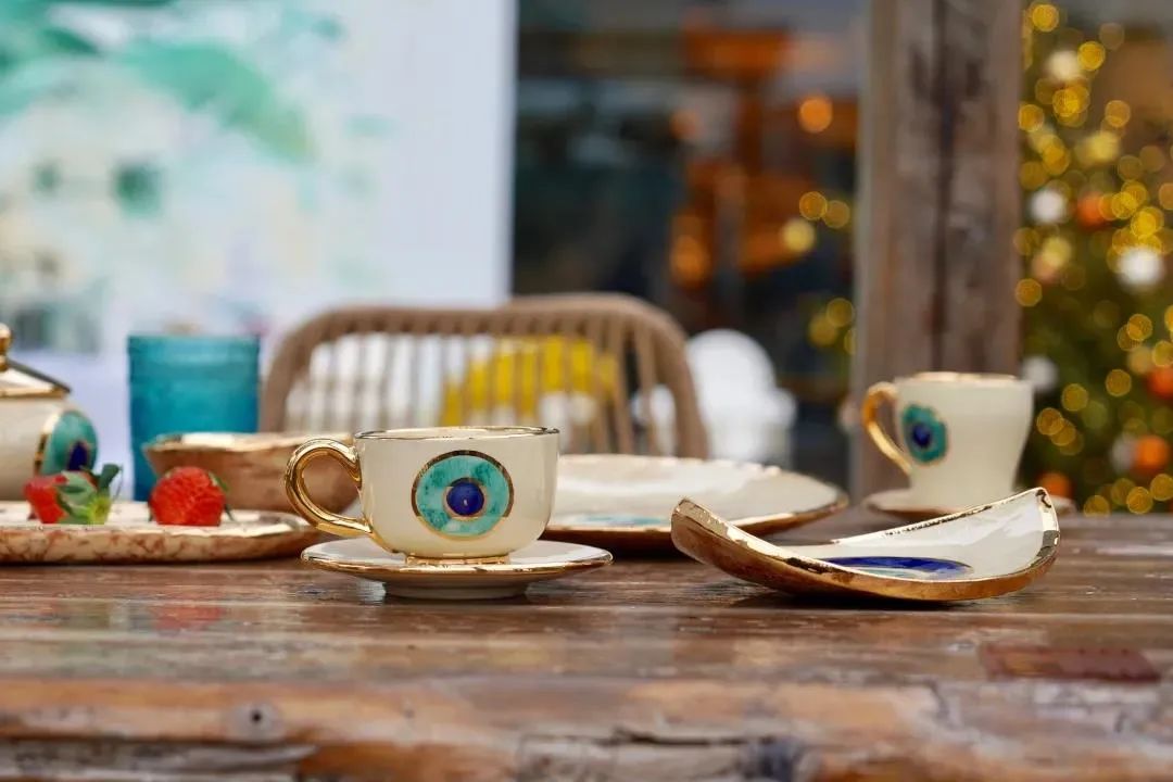 Evil Eye Ceramic cup and saucer Set- With Gold Plated Gold Handle