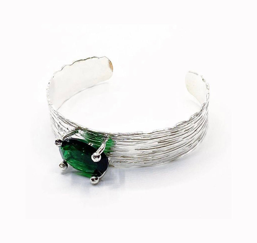 Handmade Green Gemstone 925 Sterling Silver Bangle Cuff Bracelet