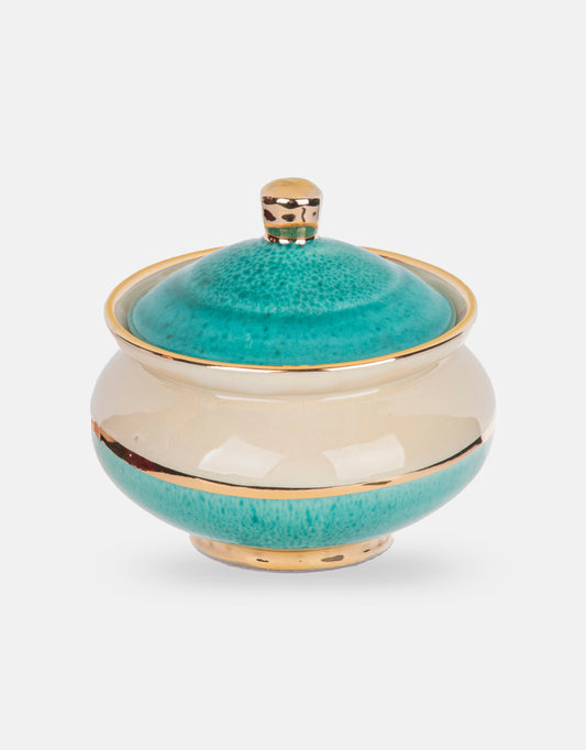 Glazed turquoise ceramic candy box with plating on the edge