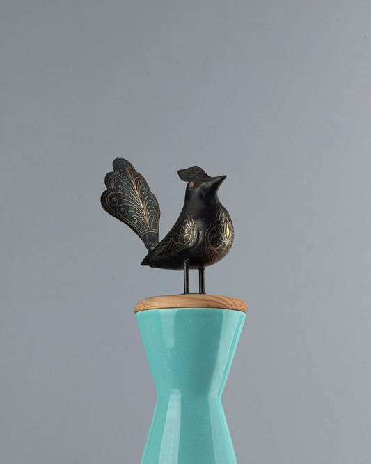 Small Gold/Silver Painted metal bird - crowned high tail