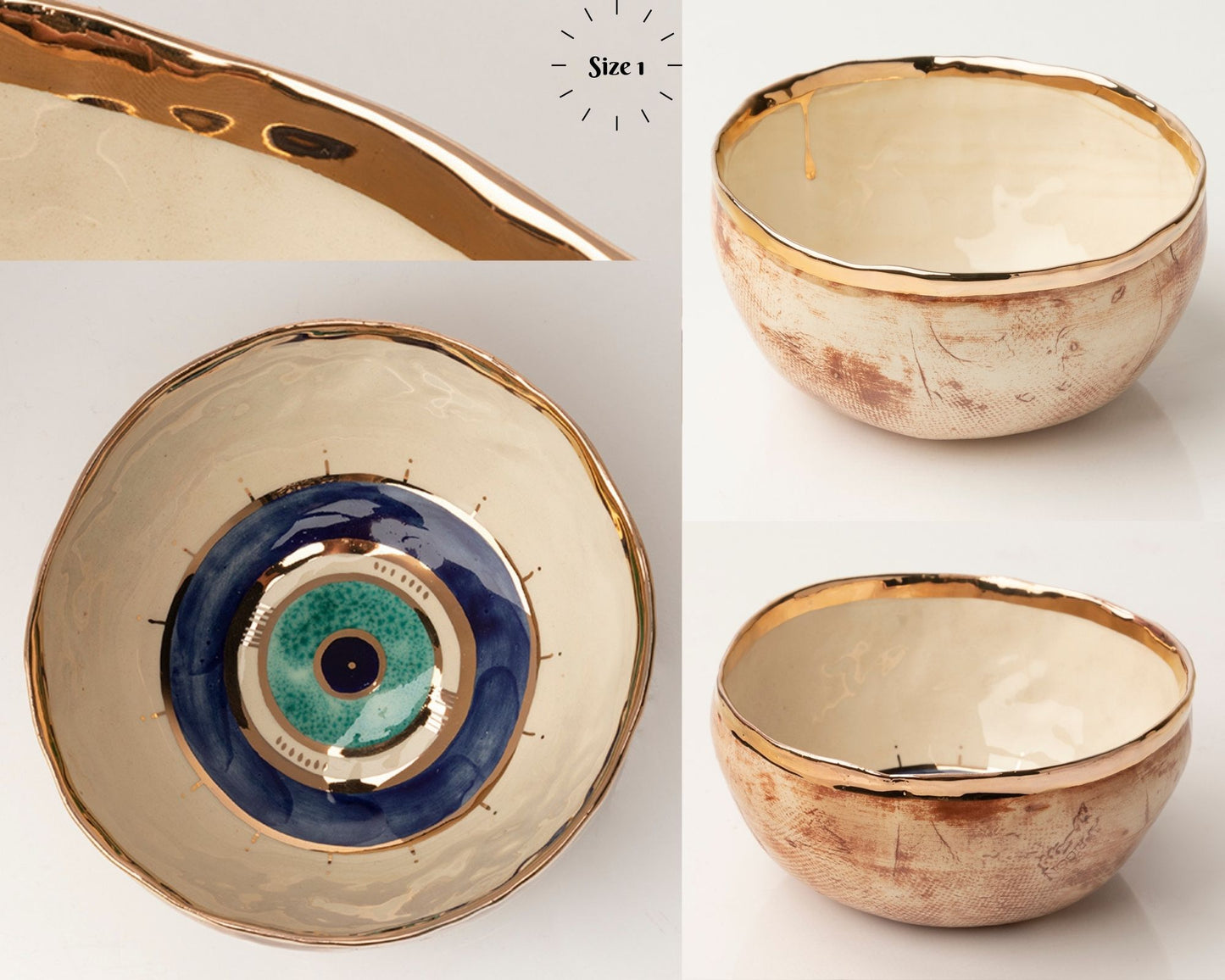 Ceramic  Evil Eye Gold Plated Bowl Turquoise and Eye shape