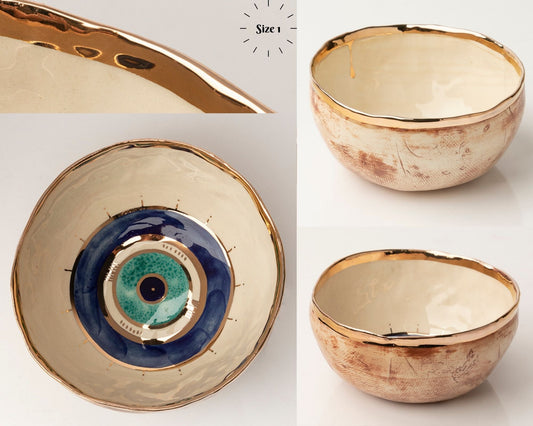 Ceramic  Evil Eye Gold Plated Bowl Mix Blue