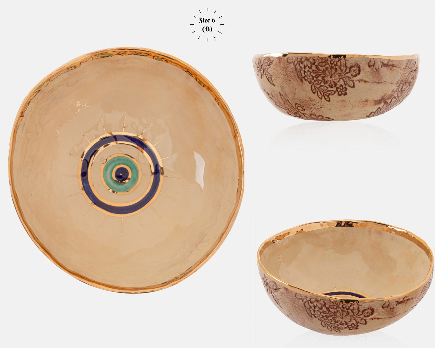 Ceramic  Evil Eye Gold Plated Bowl Turquoise and Eye shape