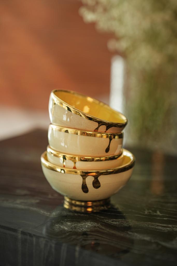 Inside Yellow Gold Edged Ceramic Bowls 7Sin set