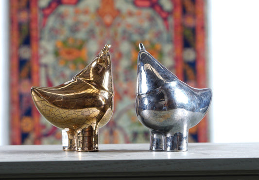 Gold Ceramic Dancing Birds & Copper Bowls 7Sin Set